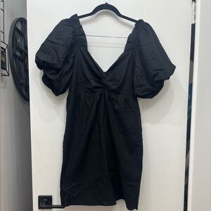 NWT Moodie linen/cotton Black Puff Sleeve knot detail Dress, Sz M